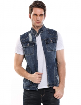 

Blue Sleeveless Stand Collar Holes Lapel Denim Vest Jacket, Multicolor