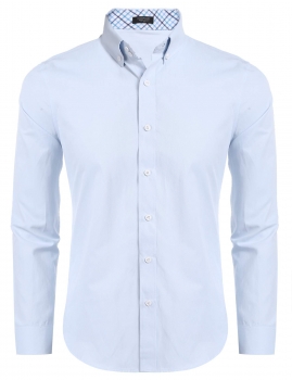 

Blue Mens Long Sleeve Button Down Patchwork Contrast Color Slim Business Shirt, Multicolor