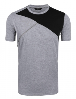 

Gray Round Neck Short Sleeve Contrast Color Patchwork Zipper T-Shirt, Multicolor