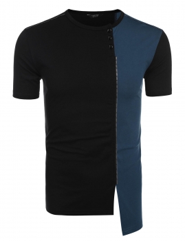 

Blue Short Sleeve Contrast Color Patchwork Zipper Asymmetrical T-Shirt, Multicolor