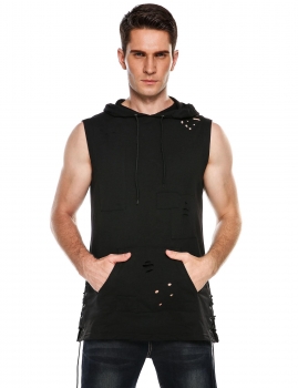 

Black Sleeveless Side Lace-up Hoodie Vest with Pockets, Multicolor
