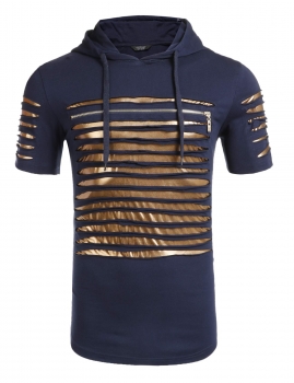 

Blue Casual Short Sleeve Parchwork Zipper Hoodie T-Shirt, Multicolor