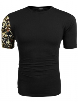 

Black Asymmetrical Print Short Sleeve O-Neck T-Shirt, Multicolor