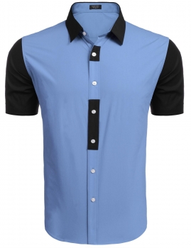 

Light blue Short Sleeve Patchwork Contrast Color Slim Button Down Shirt, Multicolor