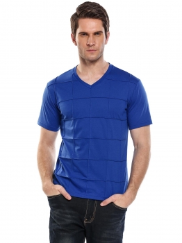 

Blue Men's V-Neck Button Short Sleeve Solid Plaid T-Shirt, Multicolor