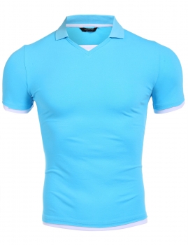 

Blue Short Sleeve Polo Collar Color Block Slim Pullover Polo Shirt, Multicolor