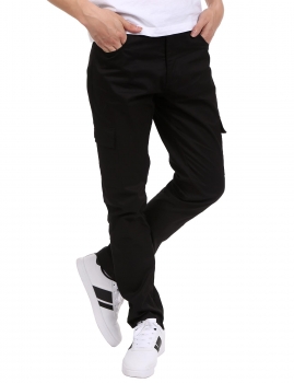 

Black Men's Solid Mid Waist Casual Pants with Pockets, Multicolor
