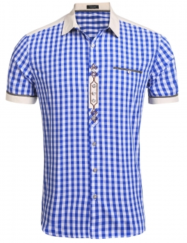 

Blue Turn Down Collar Short Sleeve Embroidery Plaid Shirts, Multicolor