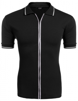 

Black Men's Short Sleeve Zip-Up Contrast Color Casual Polo Shirt, Multicolor