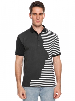 

Black Short Sleeve Face Contrast Color Striped Polo Shirt, Multicolor