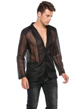 

Black Men Padded Shoulder Long Sleeve Slim Fit Mesh Hollow Out Blazer, Multicolor