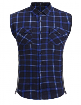

Blue Men's Shirt Collar Sleeveless Plaid Button Double Pockets, Multicolor