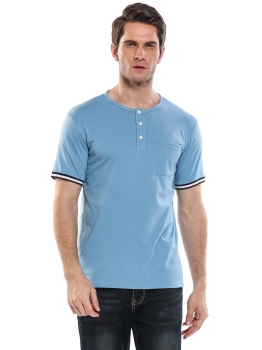 

Blue Men's O-Neck Button Short Sleeve Patchwork Pocket Casual T-Shirt, Multicolor