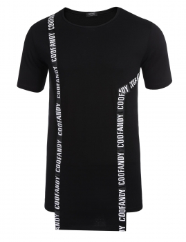 

Black O-Neck Short Sleeve Letter Patchwork Irregular T-Shirt, Multicolor