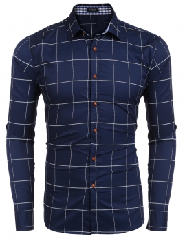 

Blue Slim Fit Long Sleeve Plaid Button Down Casual Shirts, Multicolor
