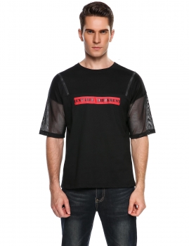 

Black O-Neck Mesh Patchwork Short Sleeve Zipper Casual T-Shirts, Multicolor