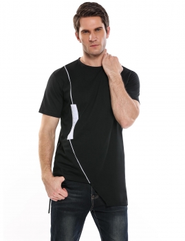

Black Short Sleeve Patchwork Side Zip Irregular Hem Casual T-Shirt, Multicolor