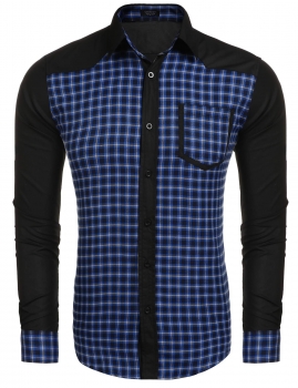 

Black Men's Casual Long Sleeve Turn Down Collar Patchwork Shirt, Multicolor