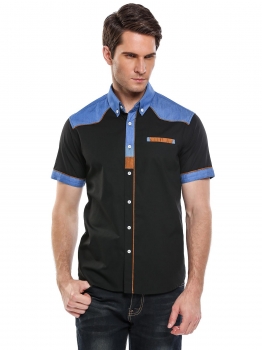 

Black Short Sleeve Patchwork Contrast Color Button Down Shirt, Multicolor