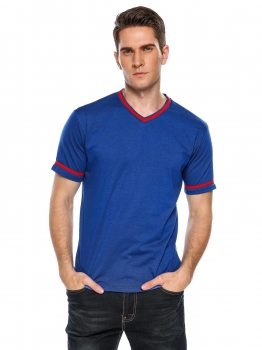 

Blue V-Neck Short Sleeve Patchwork Summer Casual T-Shirt, Multicolor