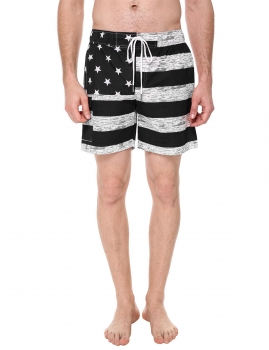 

Black Mid-waisted American Flag Print Denim Beach Swim Trunks Shorts, Multicolor