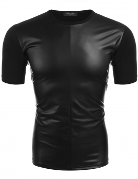 

Black Mens Casual Short Sleeve Leather Look Patchwork T-Shirt, Multicolor