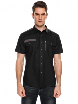 

Black Short Sleeve Button Down Shirts with Pocket, Multicolor