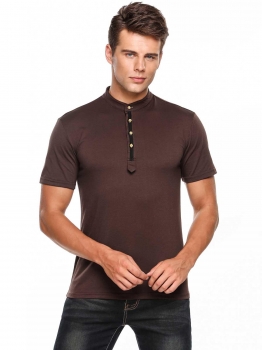 

Brown Stand Collar 4-Button Short Sleeve Patchwork T-Shirt, Multicolor
