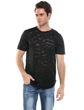 

Black Men's Short Sleeve Hip Hop Ripped Casual T-Shirt, Multicolor