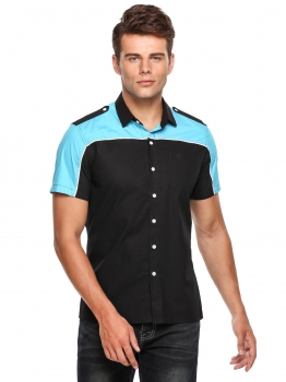 

Blue Short Sleeve Contrast Color Patchwork Pocket Button Down Shirt, Multicolor