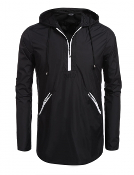 

Black Men Drawstring Hooded Half Zip Casual Jacket with Pocket, Multicolor
