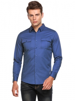 

Blue Long Sleeve Solid Pocket Casual Button Down Shirt, Multicolor
