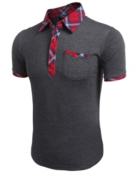 

Men Contrast Color Plaid Short Sleeve Casual Polo Shirt with Pocket, Multicolor