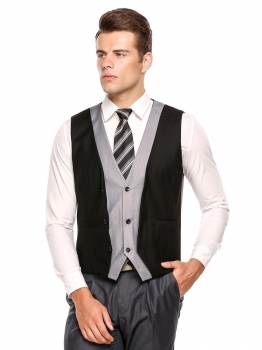 

Black V-Neck Sleeveless Button Down Patchwork Slim Business Vest, Multicolor