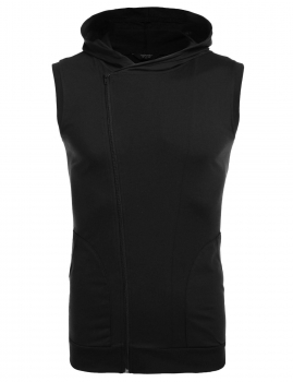 

Black Hooded Sleeveless Asymmetrical Zip-up Hoodie Vest with Pockets, Multicolor