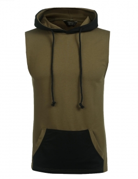 

Army green Patchwork Sleeveless Center Roomy Pocket Hooded T-shirt, Multicolor