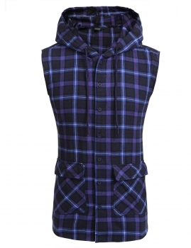 

Blue Men Casual Hoodie Drawstring Sleeveless Plaid Shirts, Multicolor