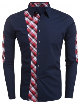 

Navy blue Slim Fit Long Sleeve Plaid Patchwork Button Down Shirts, Multicolor