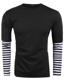 

Black Men Casual Round Neck Long Sleeve Stripe Patchwork T-Shirt, Multicolor