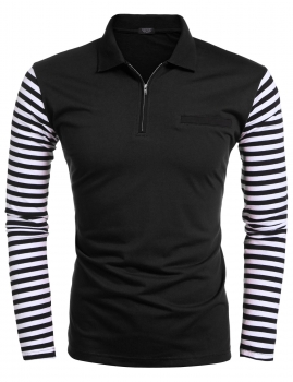 

Black Men Long Sleeve Stripe Patchwork Zip-up Polo T-Shirt, Multicolor