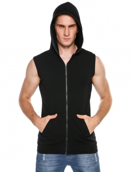 

Black Men Hooded Sleeveles Zip-up Hoodie Vest with Pockets, Multicolor