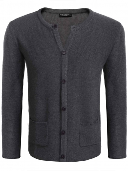 

Gray Men O-Neck Long Sleeve Solid Button Down Knit Cardigan Sweater with Pocket, Multicolor