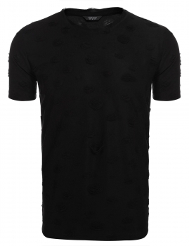 

Black O-Neck Short Sleeve Ripped Distressed Holes T-Shirt Top, Multicolor