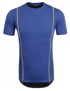 

Blue Short Sleeve Zipper Patchwork Contrast Color T-Shirt, Multicolor