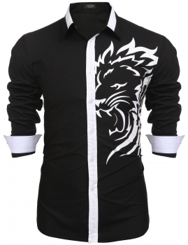 

Black Men's Long Sleeve Lion Print Casual Button Down Shirt, Multicolor