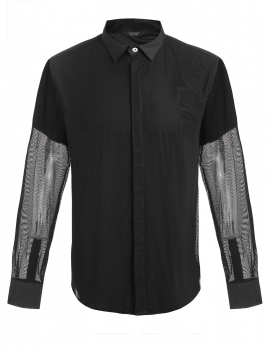 

Black Men Long Sleeve Mesh Patchwork Print Button Shirt, Multicolor