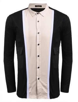 

Black Collared Long Sleeve Patchwork Pocket Button Shirt, Multicolor