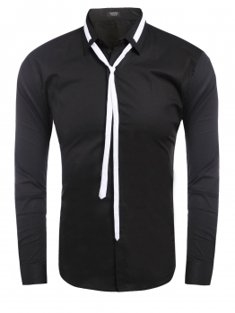 

Black Men Turn Down Collar Long Sleeve Button Shirt with Drawstring, Multicolor