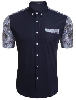 

Blue Short Sleeve Floral Patchwork Pocket Button Down Shirt, Multicolor