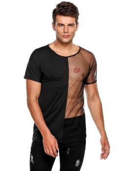 

Black O-Neck Short Sleeve See-through Mesh Clubwear T-Shirt, Multicolor